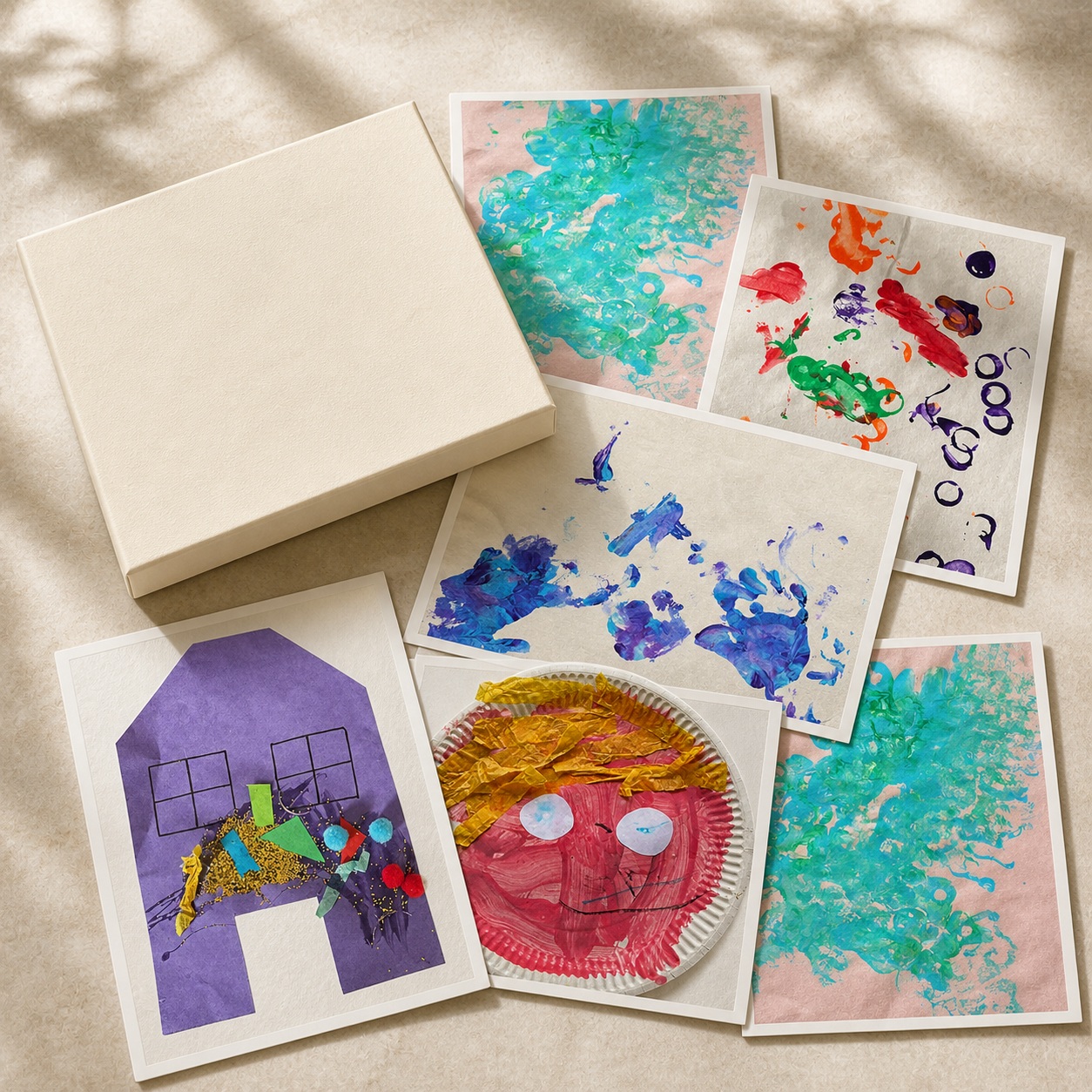 A cream box and a set of postcards featuring children’s colourful artwork