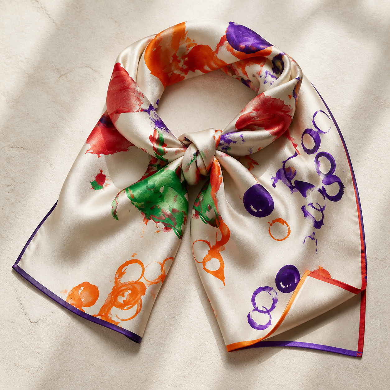 Ivory silk scarf made with Hebe’s colourful artwork in orange, red, green and purple